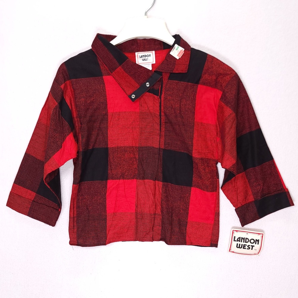 Landon West Vintage 90s Buffalo Plaid Cotton Snap Pullover Red Black Medium